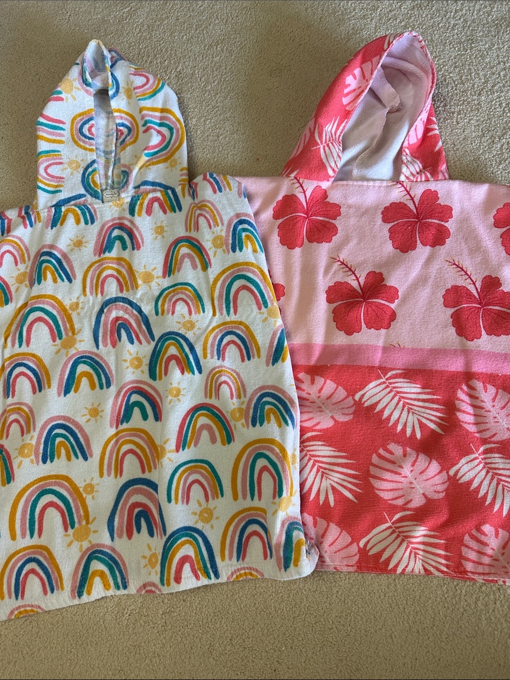 Kids Hooded Beach Poncho - White with Multicolor Rainbows and pink floral